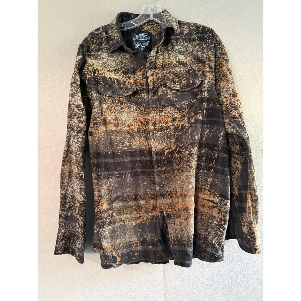 Angry Minnow Flannel Co Button Up Shirt Womens M Black Plaid Bleach Back Graphic